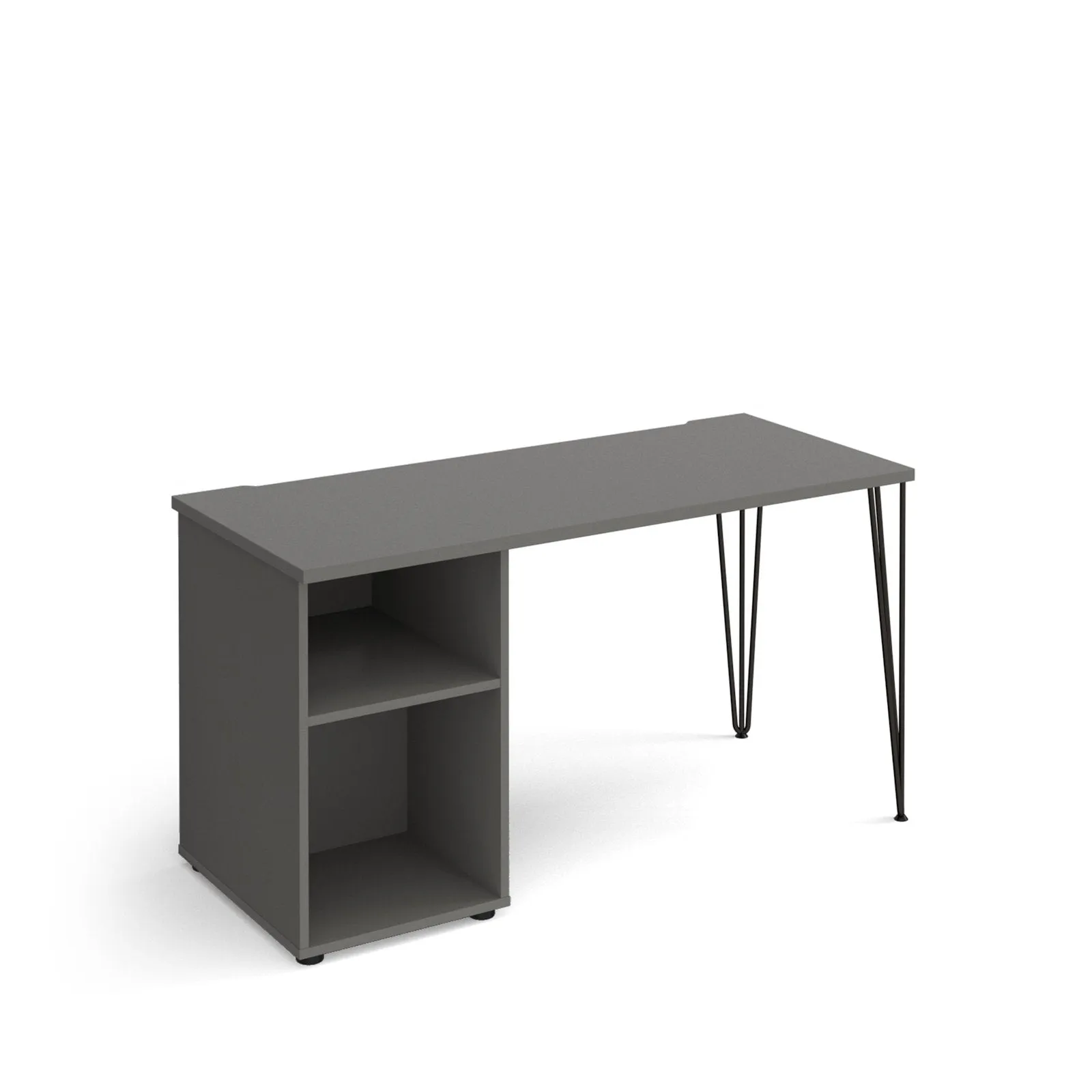 Tikal straight desk 1400mm x 600mm with black hairpin leg and support pedestal