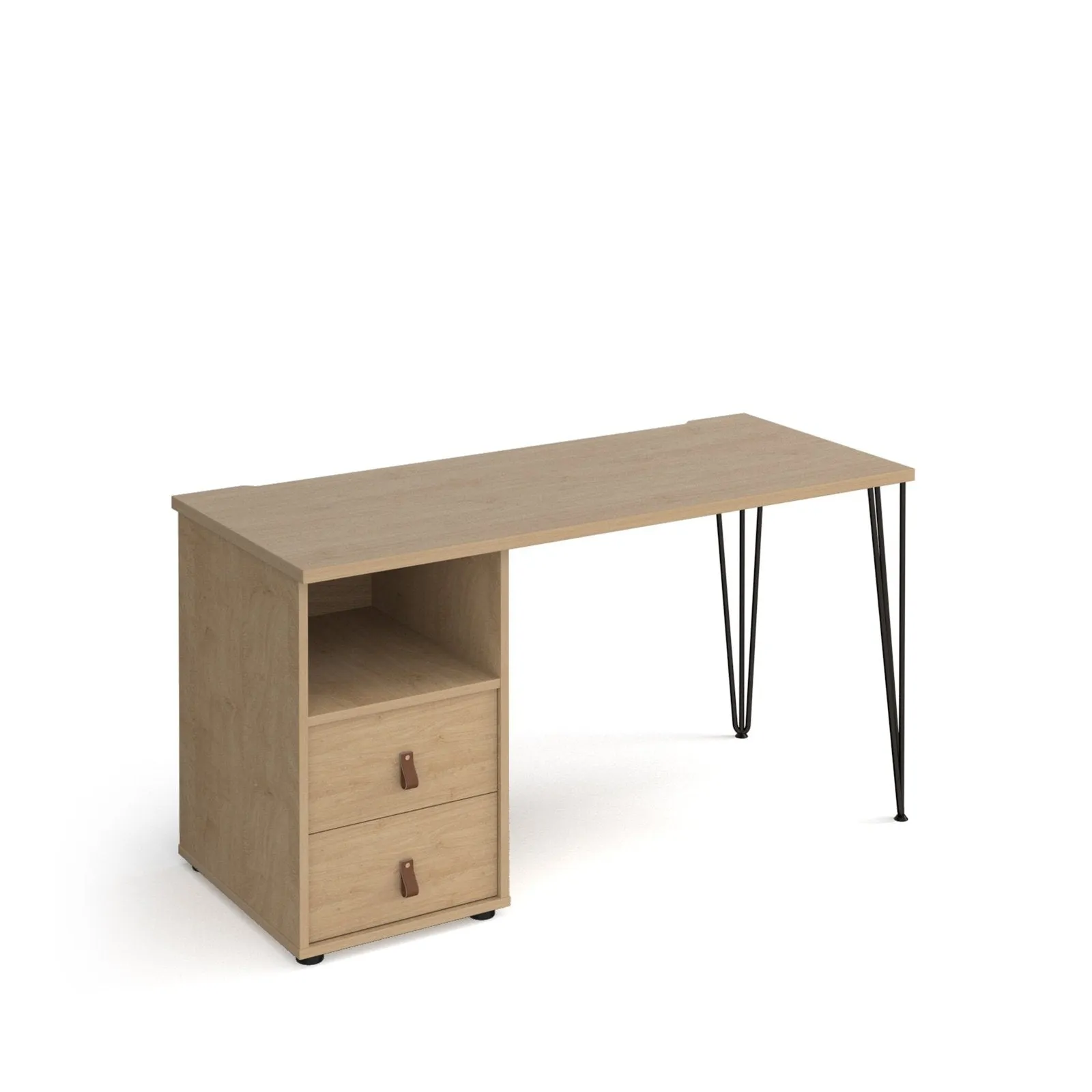 Tikal straight desk 1400mm x 600mm with black hairpin leg and support pedestal