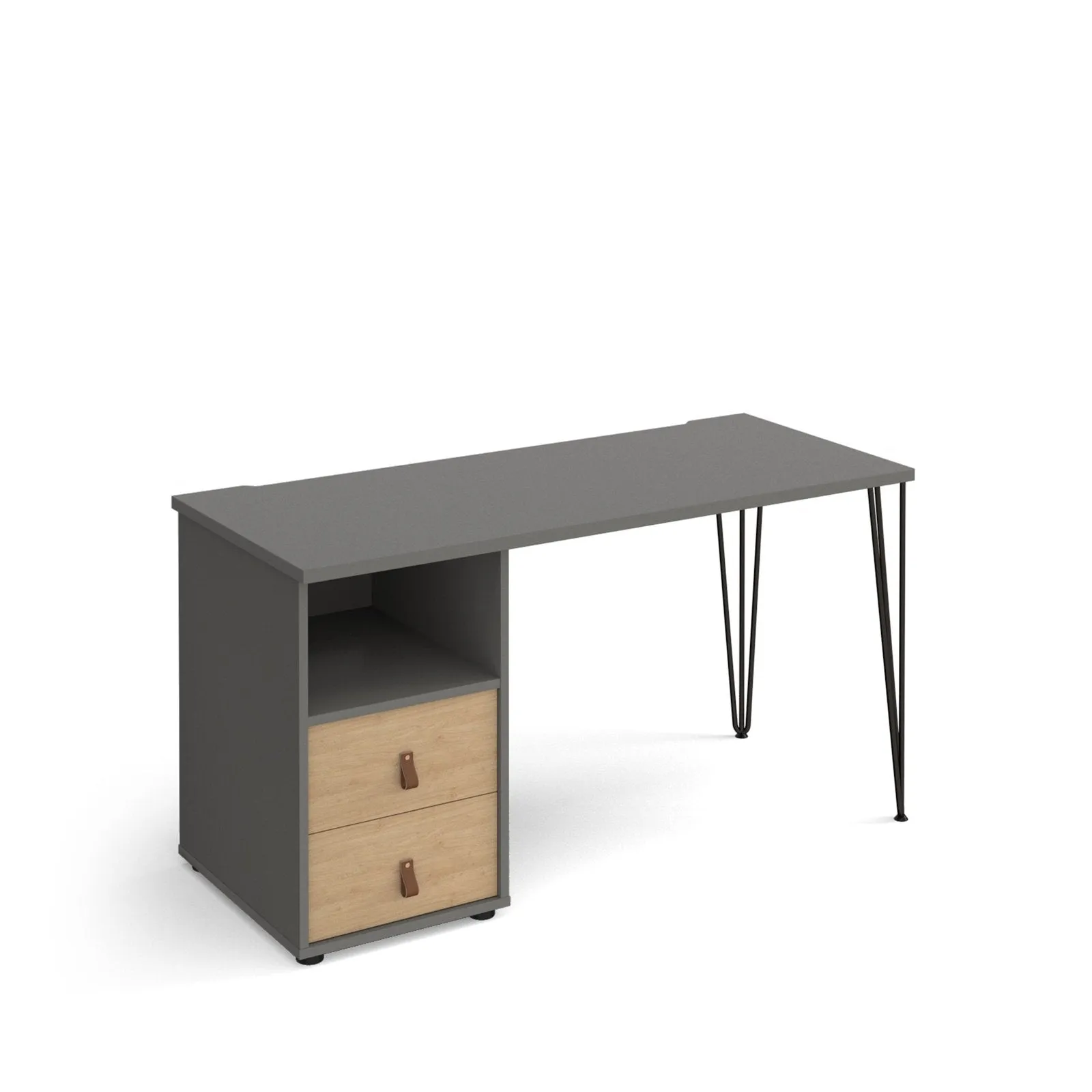 Tikal straight desk 1400mm x 600mm with black hairpin leg and support pedestal