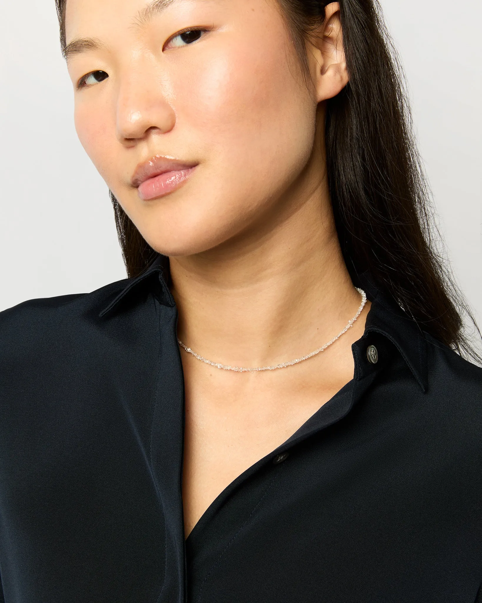 Tiny Beaded 14K Gold Necklace in Herkimer Diamond Quartz