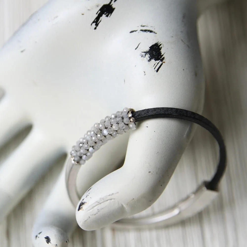 Tiny Mystic Moonstone Hand Stitched Leather 1/2 Cuff