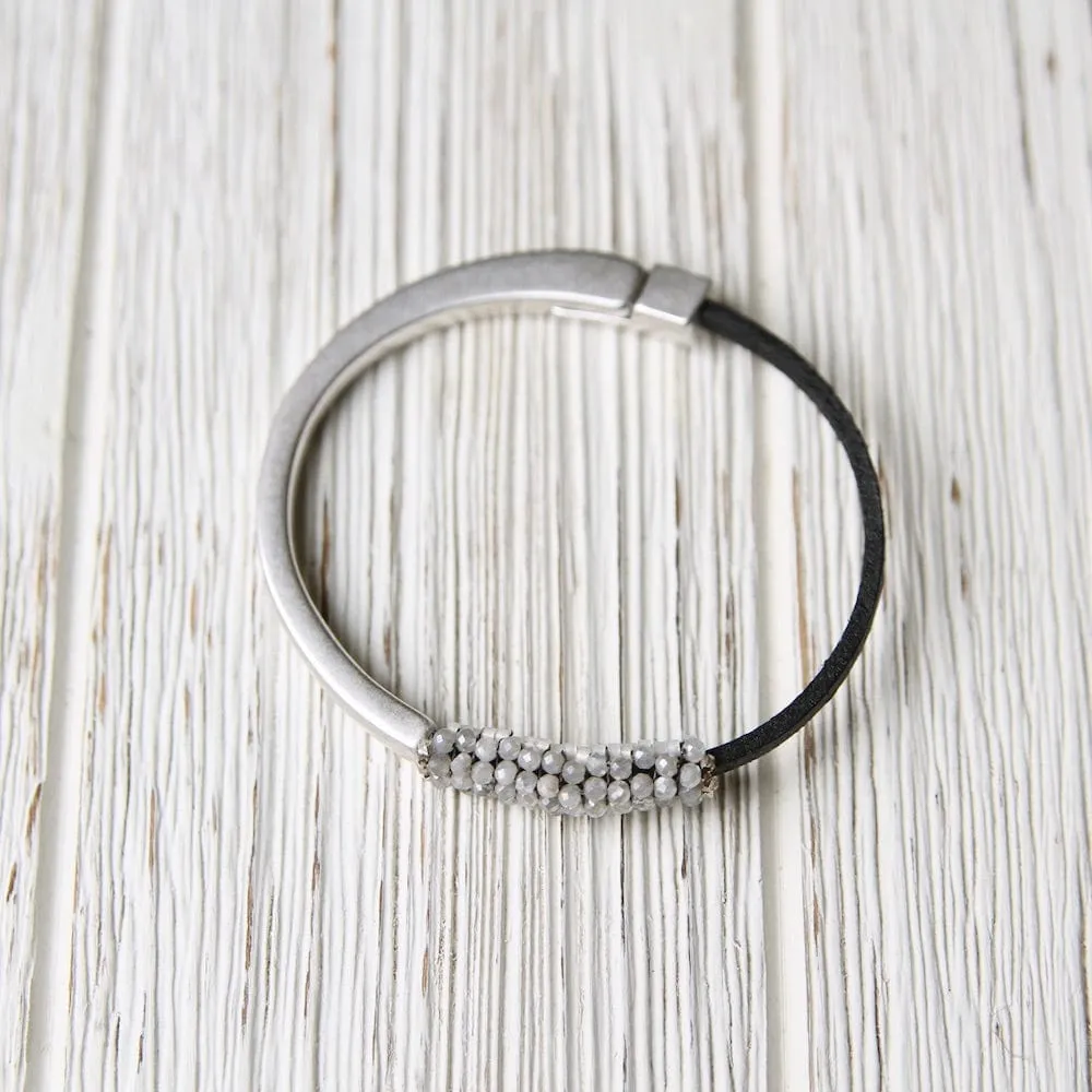 Tiny Mystic Moonstone Hand Stitched Leather 1/2 Cuff
