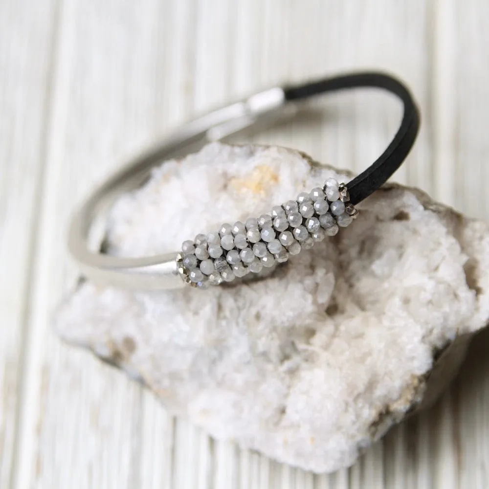 Tiny Mystic Moonstone Hand Stitched Leather 1/2 Cuff