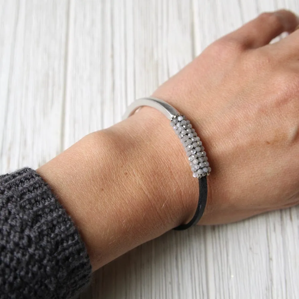 Tiny Mystic Moonstone Hand Stitched Leather 1/2 Cuff
