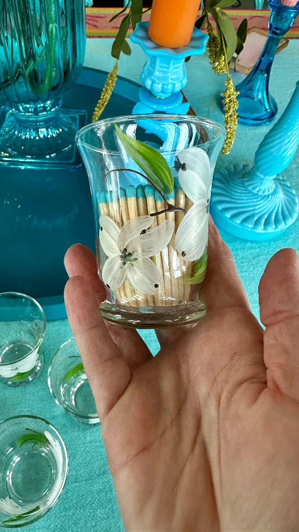 Vintage Anchor Hocking Juice Glasses, Hand Painted Dogwood Motif Set of 10