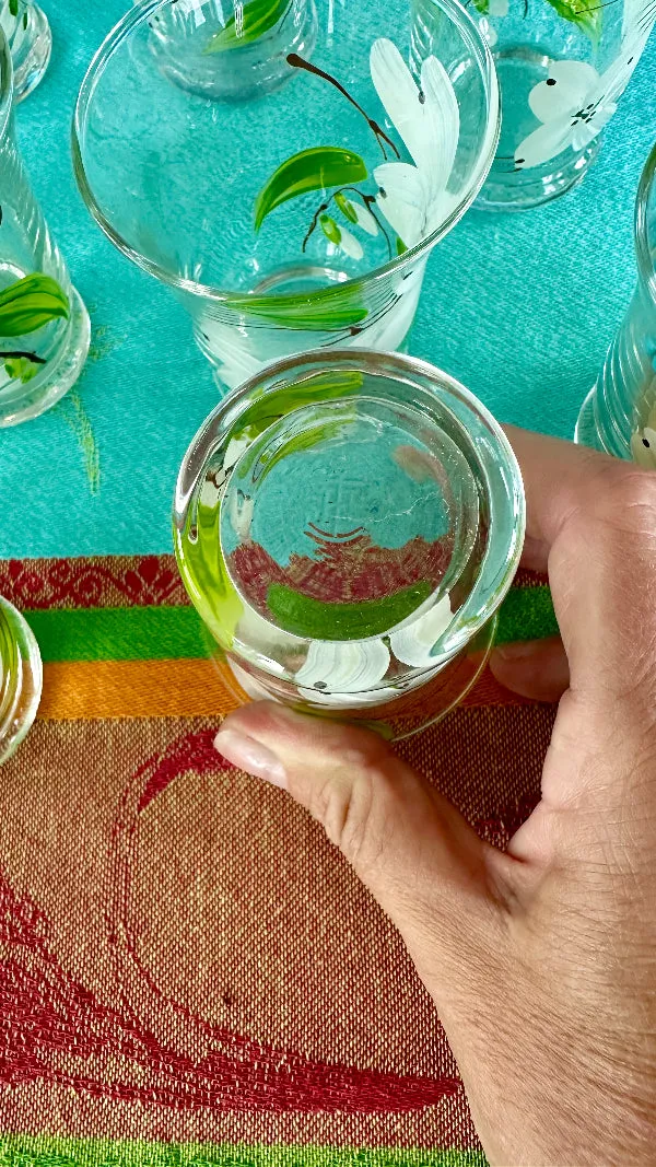 Vintage Anchor Hocking Juice Glasses, Hand Painted Dogwood Motif Set of 10