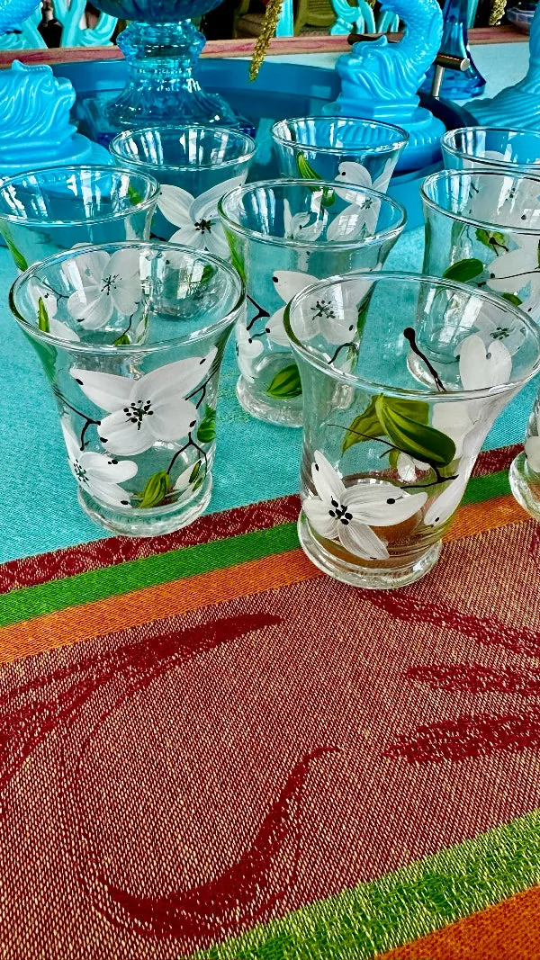 Vintage Anchor Hocking Juice Glasses, Hand Painted Dogwood Motif Set of 10
