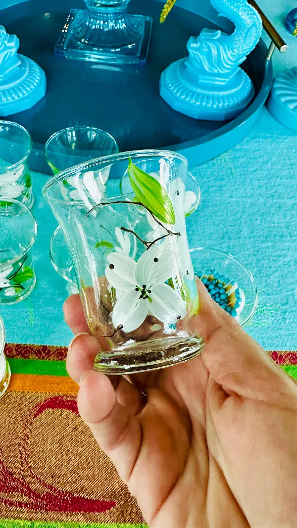Vintage Anchor Hocking Juice Glasses, Hand Painted Dogwood Motif Set of 10