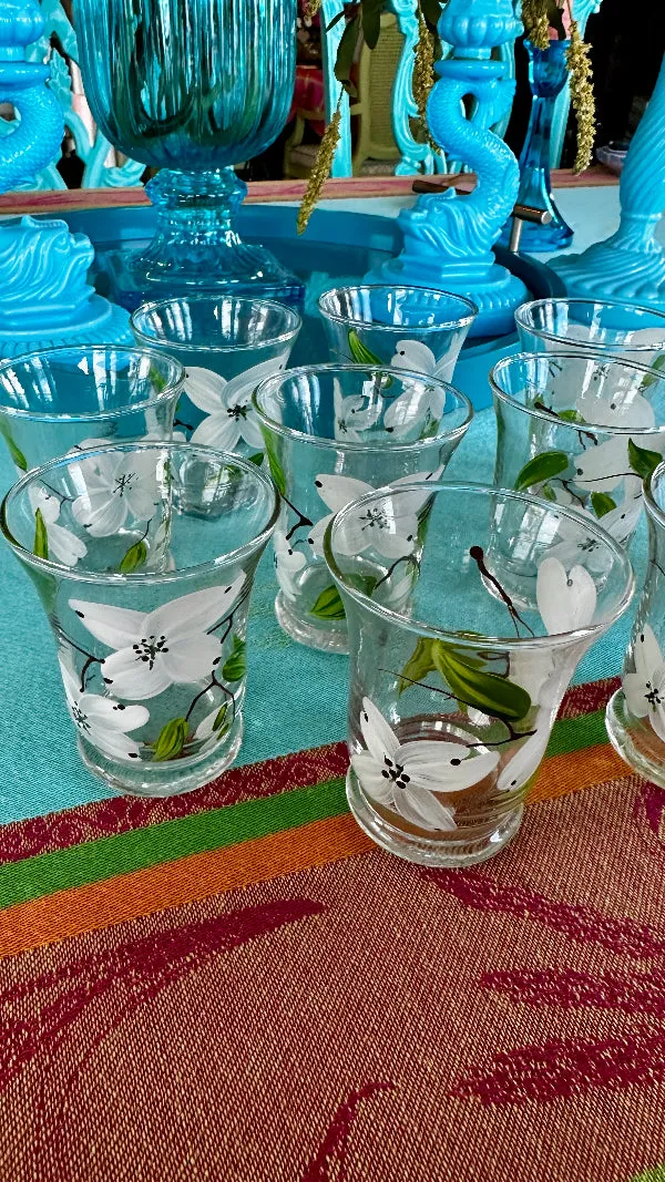 Vintage Anchor Hocking Juice Glasses, Hand Painted Dogwood Motif Set of 10
