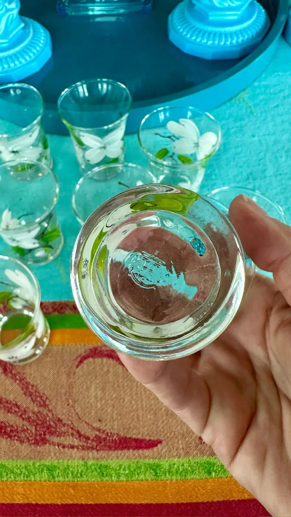 Vintage Anchor Hocking Juice Glasses, Hand Painted Dogwood Motif Set of 10