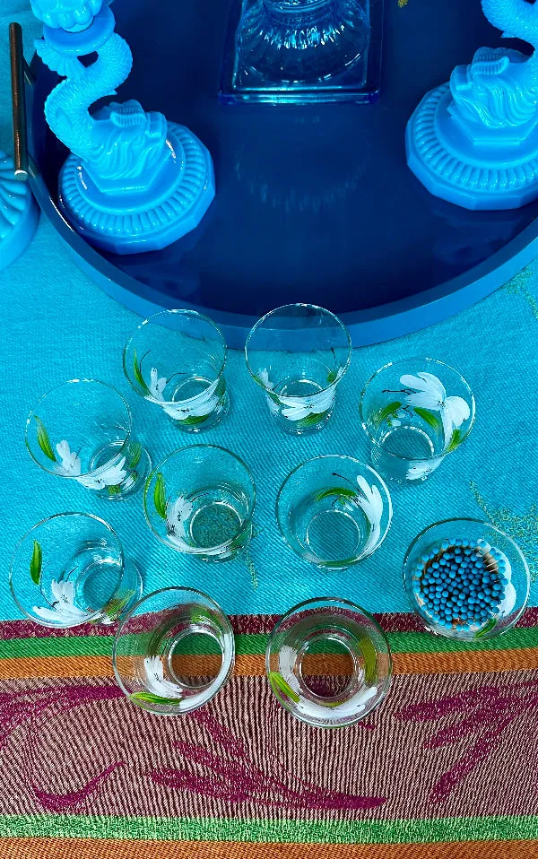 Vintage Anchor Hocking Juice Glasses, Hand Painted Dogwood Motif Set of 10