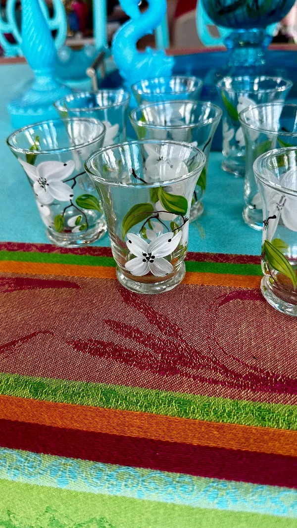 Vintage Anchor Hocking Juice Glasses, Hand Painted Dogwood Motif Set of 10