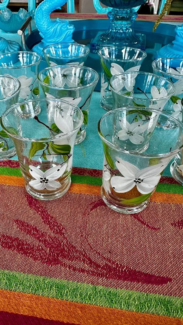 Vintage Anchor Hocking Juice Glasses, Hand Painted Dogwood Motif Set of 10