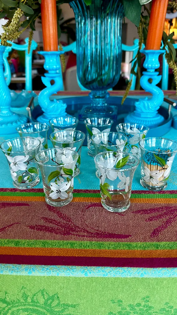 Vintage Anchor Hocking Juice Glasses, Hand Painted Dogwood Motif Set of 10