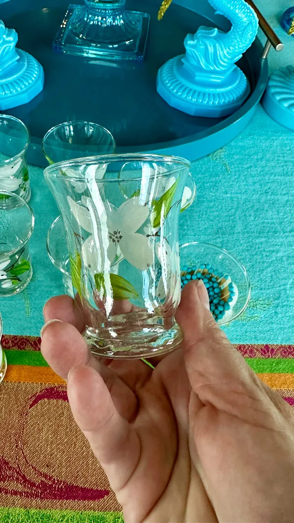 Vintage Anchor Hocking Juice Glasses, Hand Painted Dogwood Motif Set of 10