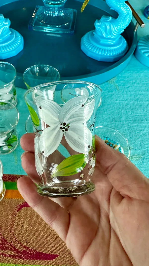 Vintage Anchor Hocking Juice Glasses, Hand Painted Dogwood Motif Set of 10