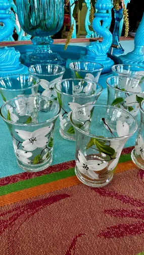 Vintage Anchor Hocking Juice Glasses, Hand Painted Dogwood Motif Set of 10