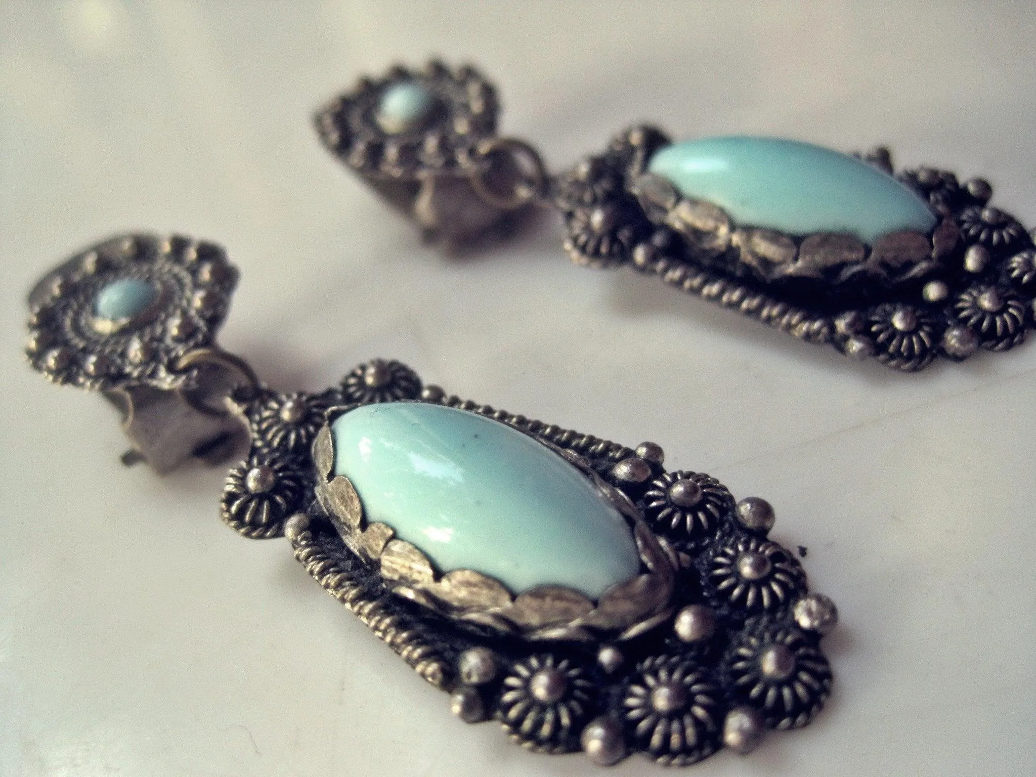 Vintage Blue Glass and silver Turkish Clip On Earrings