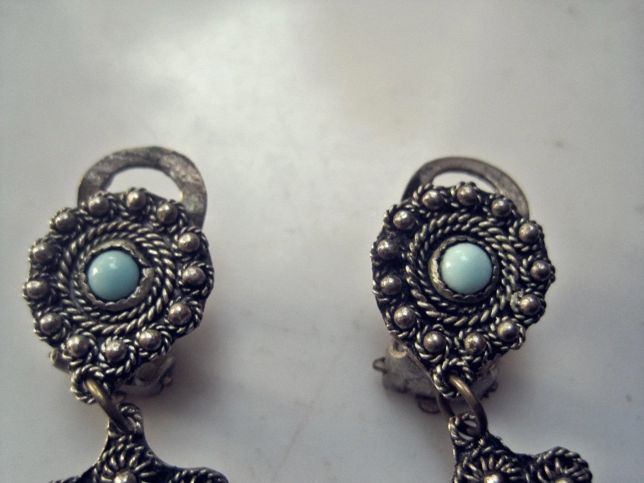 Vintage Blue Glass and silver Turkish Clip On Earrings