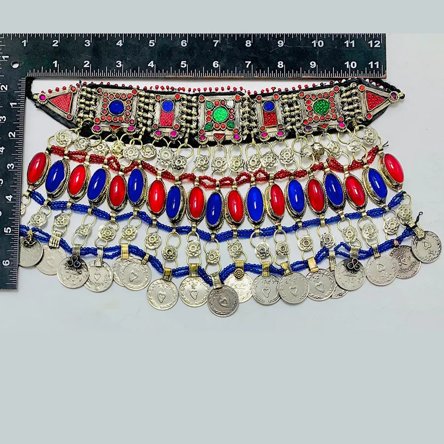Vintage Red and Blue Coins Choker Necklace