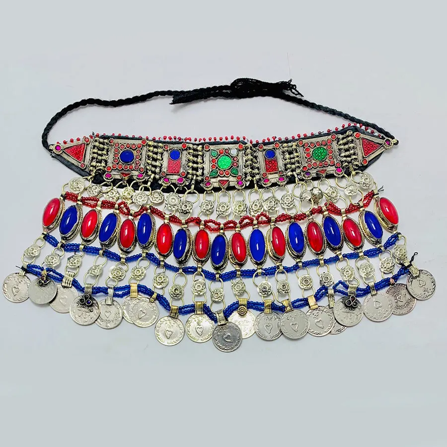 Vintage Red and Blue Coins Choker Necklace