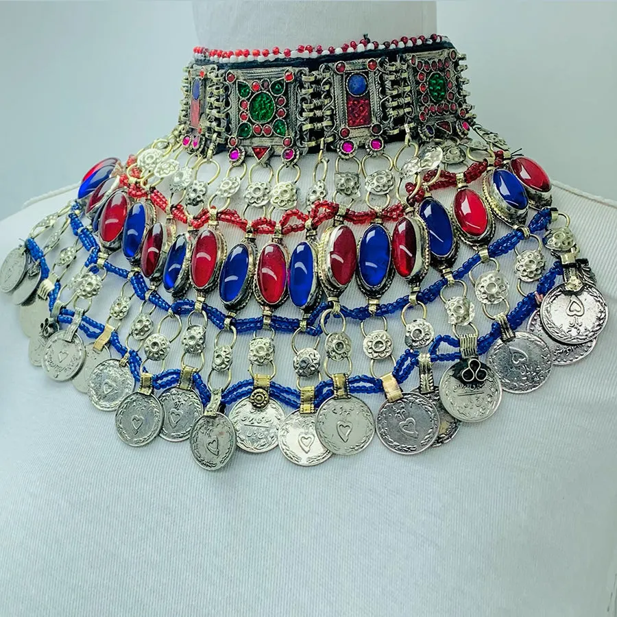 Vintage Red and Blue Coins Choker Necklace