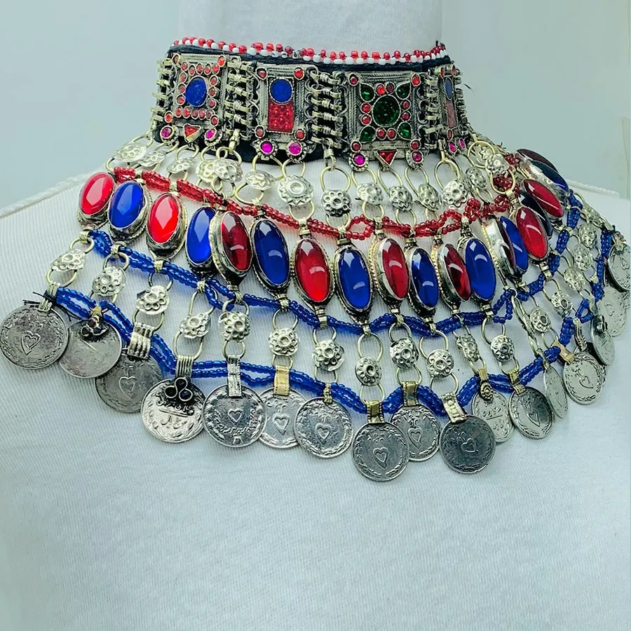 Vintage Red and Blue Coins Choker Necklace