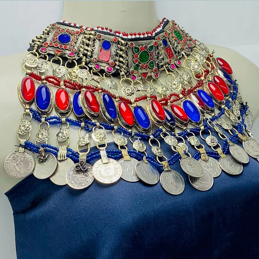 Vintage Red and Blue Coins Choker Necklace