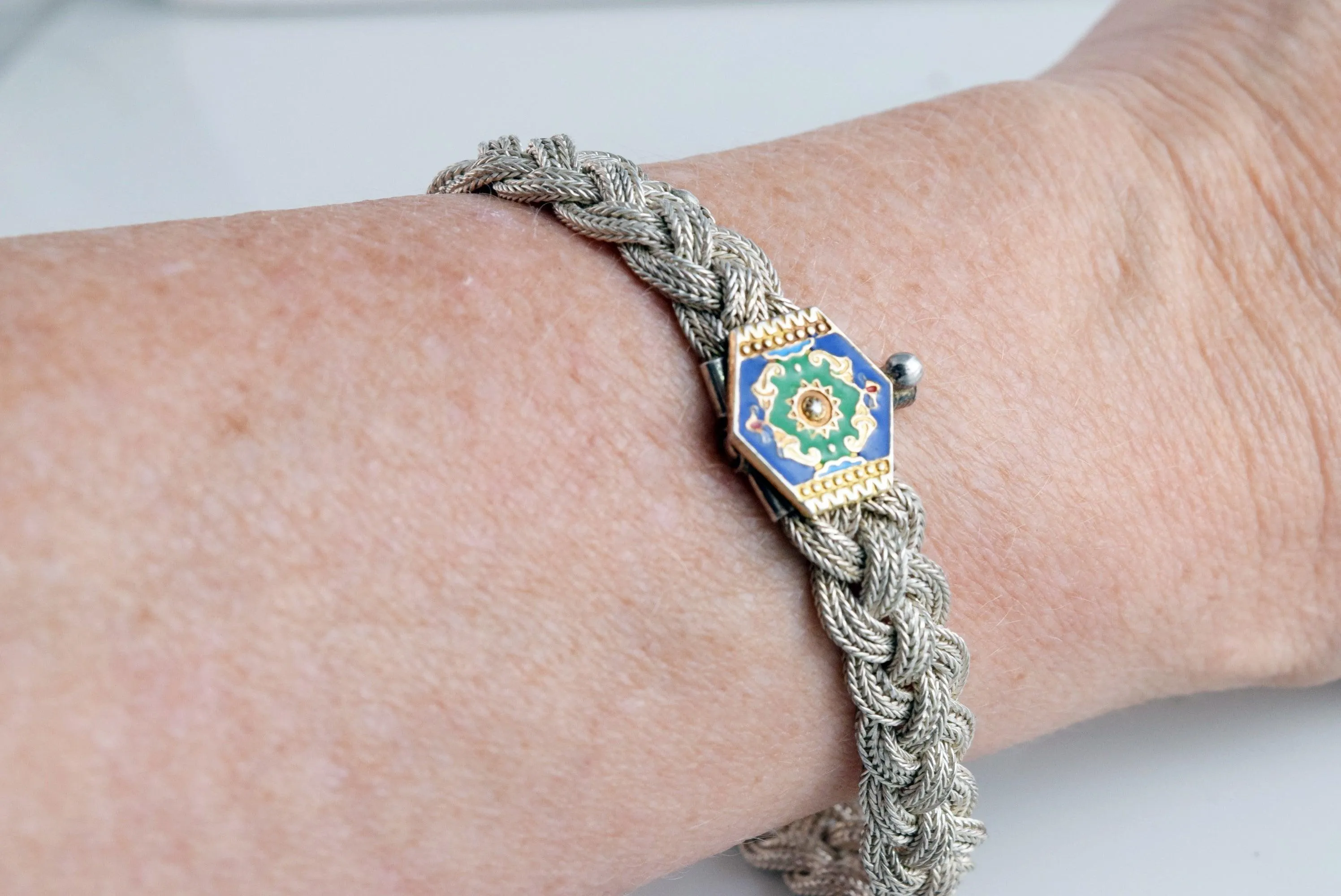 Vintage Sterling Silver and Enamel Braided Turkish Bracelet