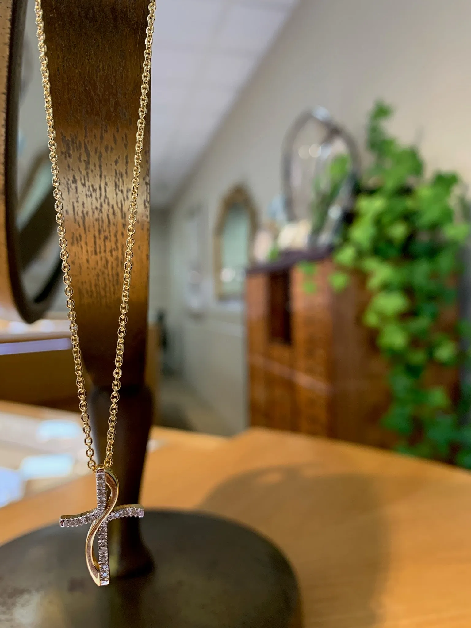 Wave Two-Tone Diamond Cross Necklace