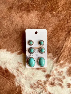 Western Stone Stud Earrings- 3PC Set