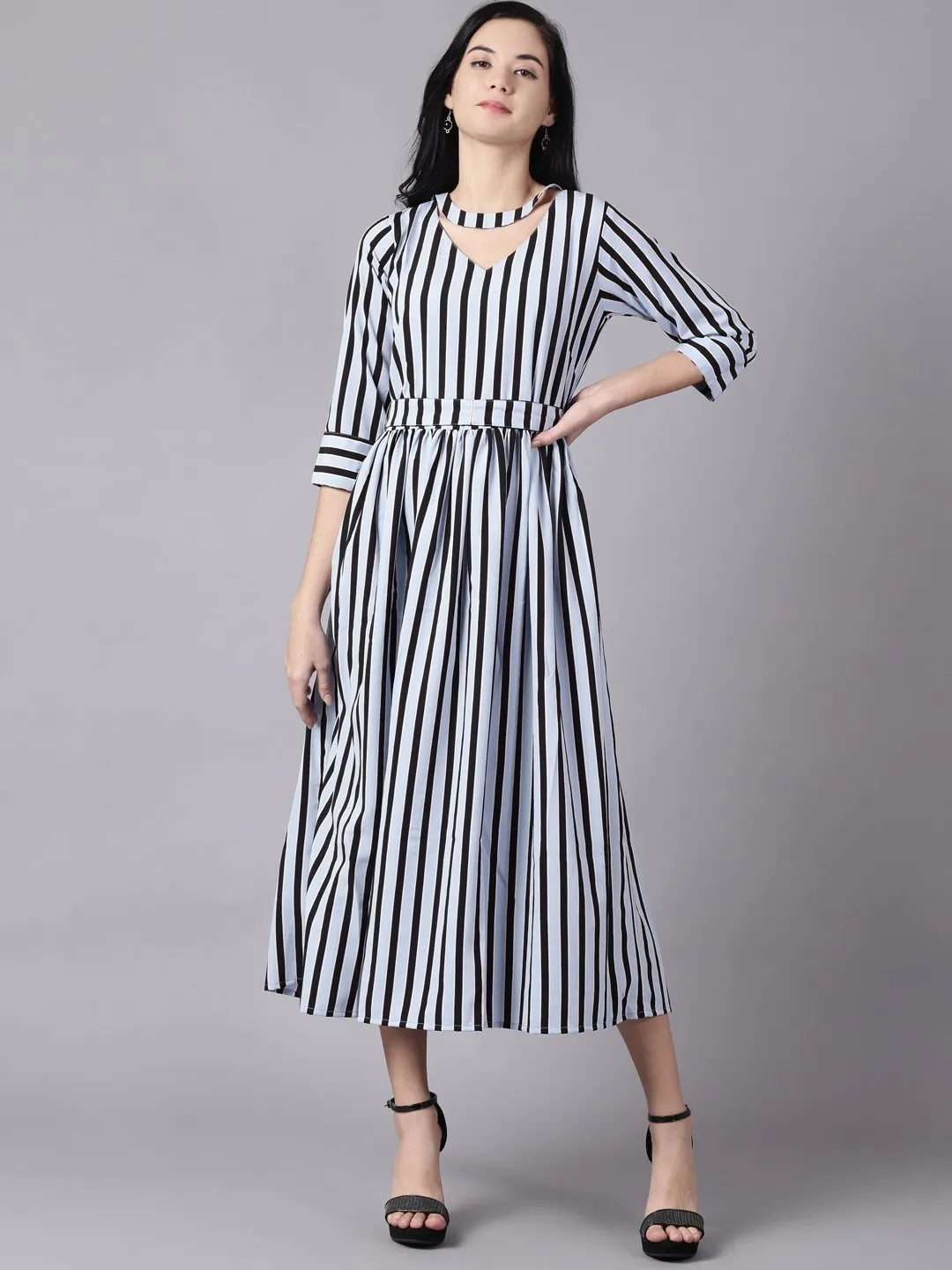 Women Sky Blue Striped Striped Choker Neck A-Line Dress