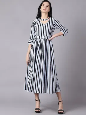 Women Sky Blue Striped Striped Choker Neck A-Line Dress