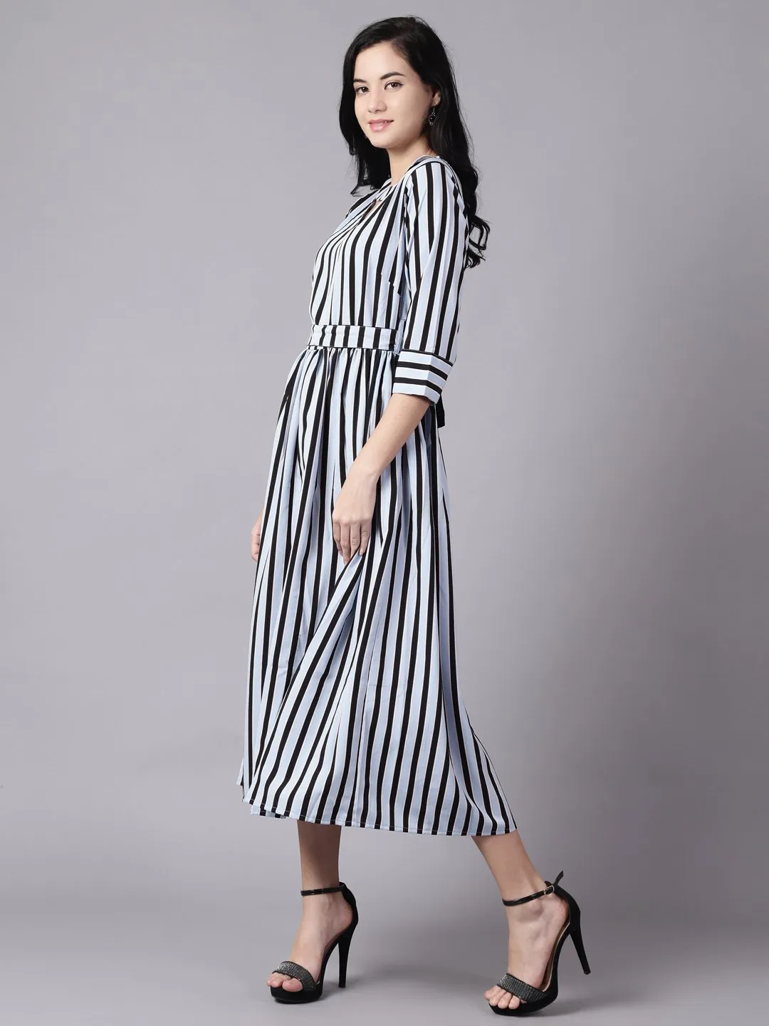 Women Sky Blue Striped Striped Choker Neck A-Line Dress
