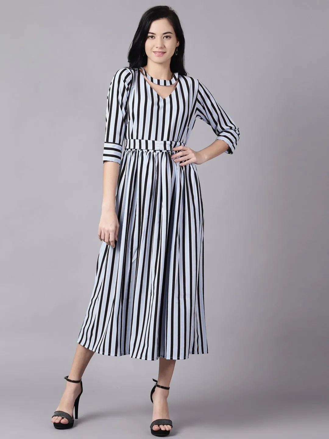 Women Sky Blue Striped Striped Choker Neck A-Line Dress