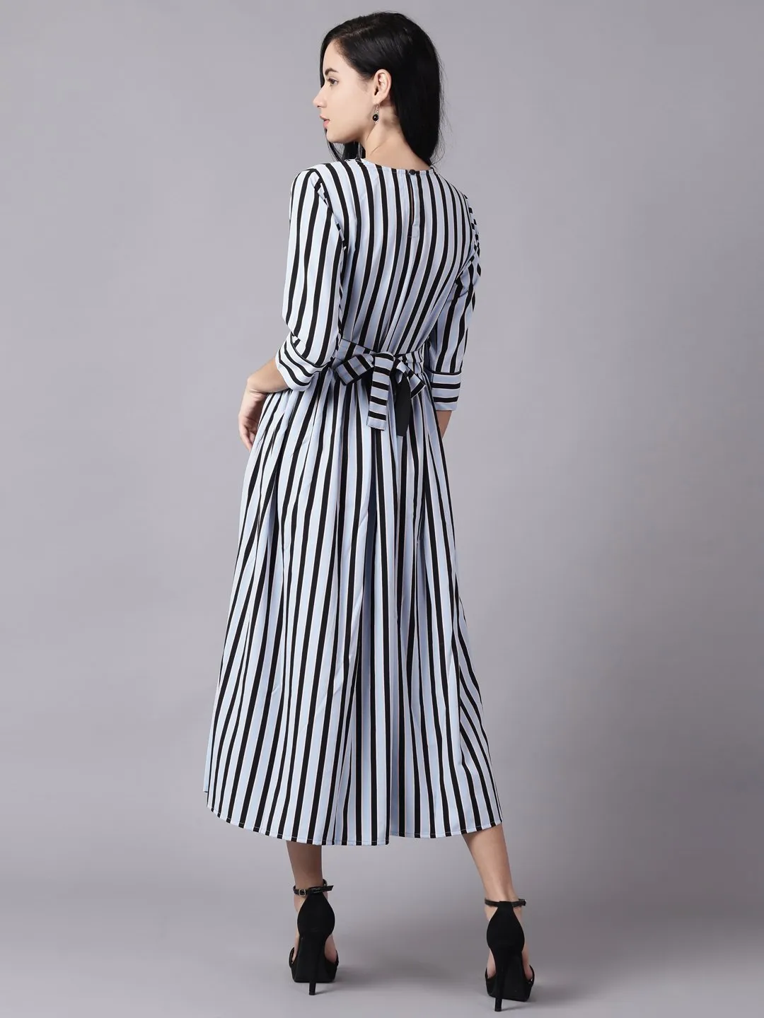 Women Sky Blue Striped Striped Choker Neck A-Line Dress