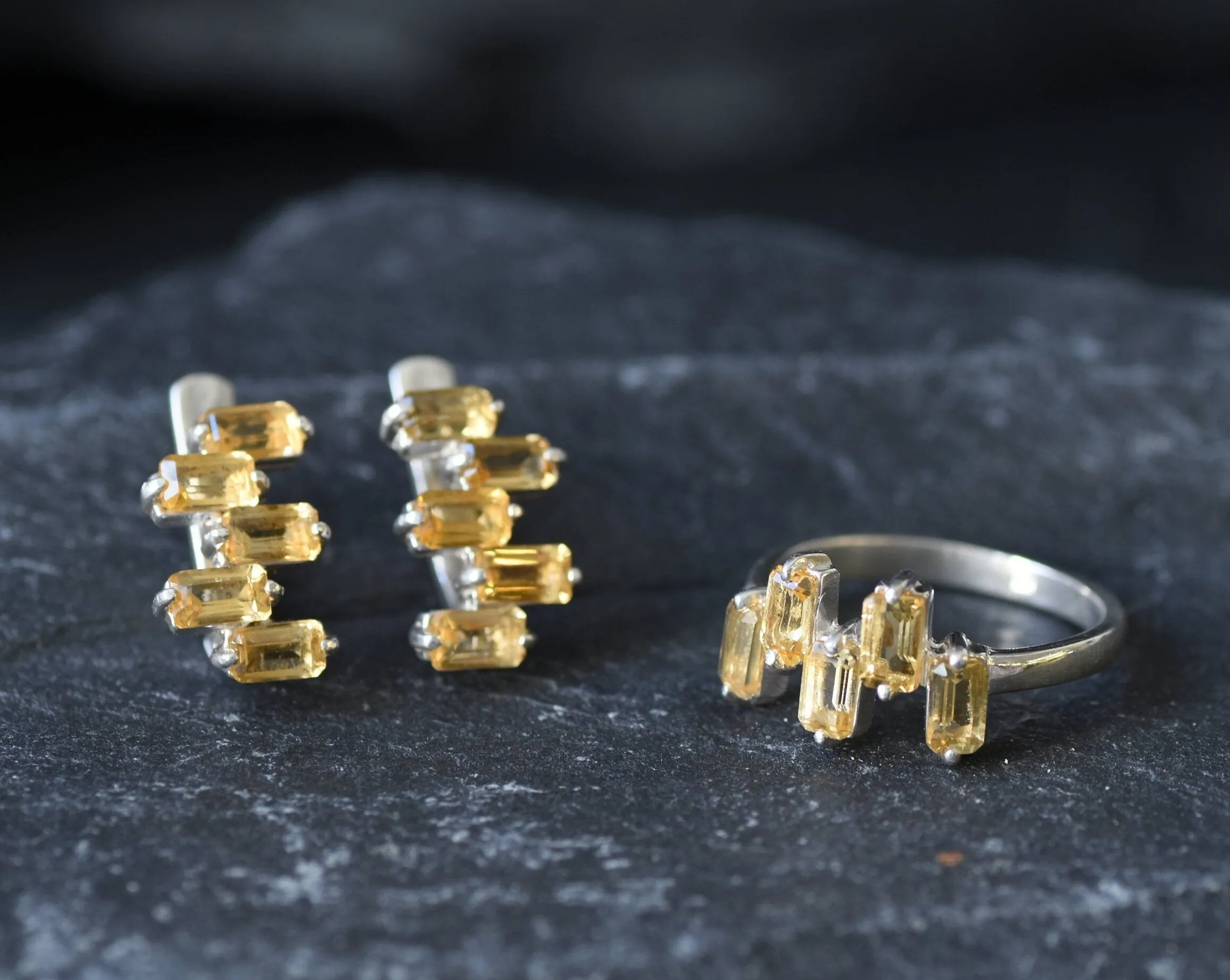 Yellow Baguette Earrings - Natural Citrine Earrings, Staggered Baguette Earrings