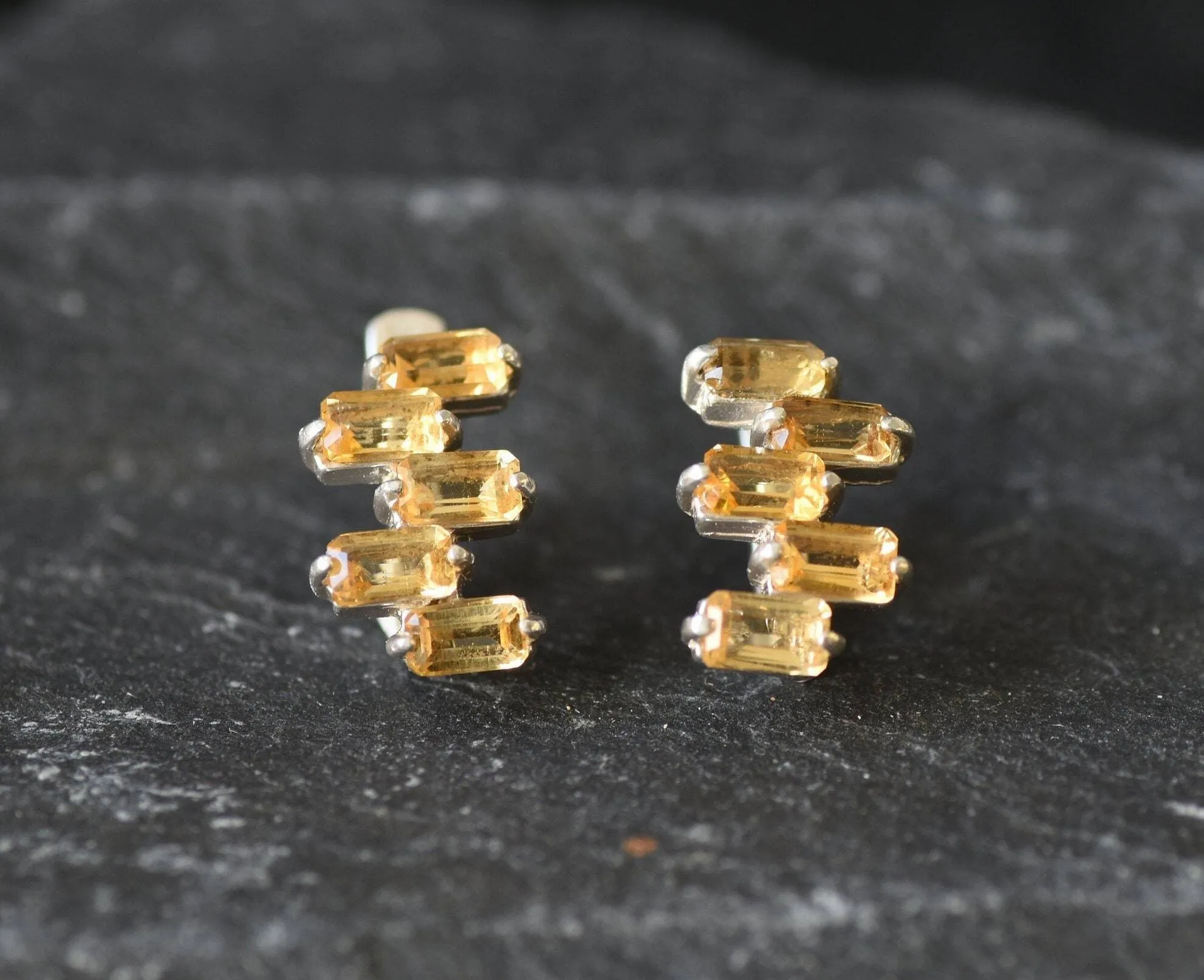 Yellow Baguette Earrings - Natural Citrine Earrings, Staggered Baguette Earrings