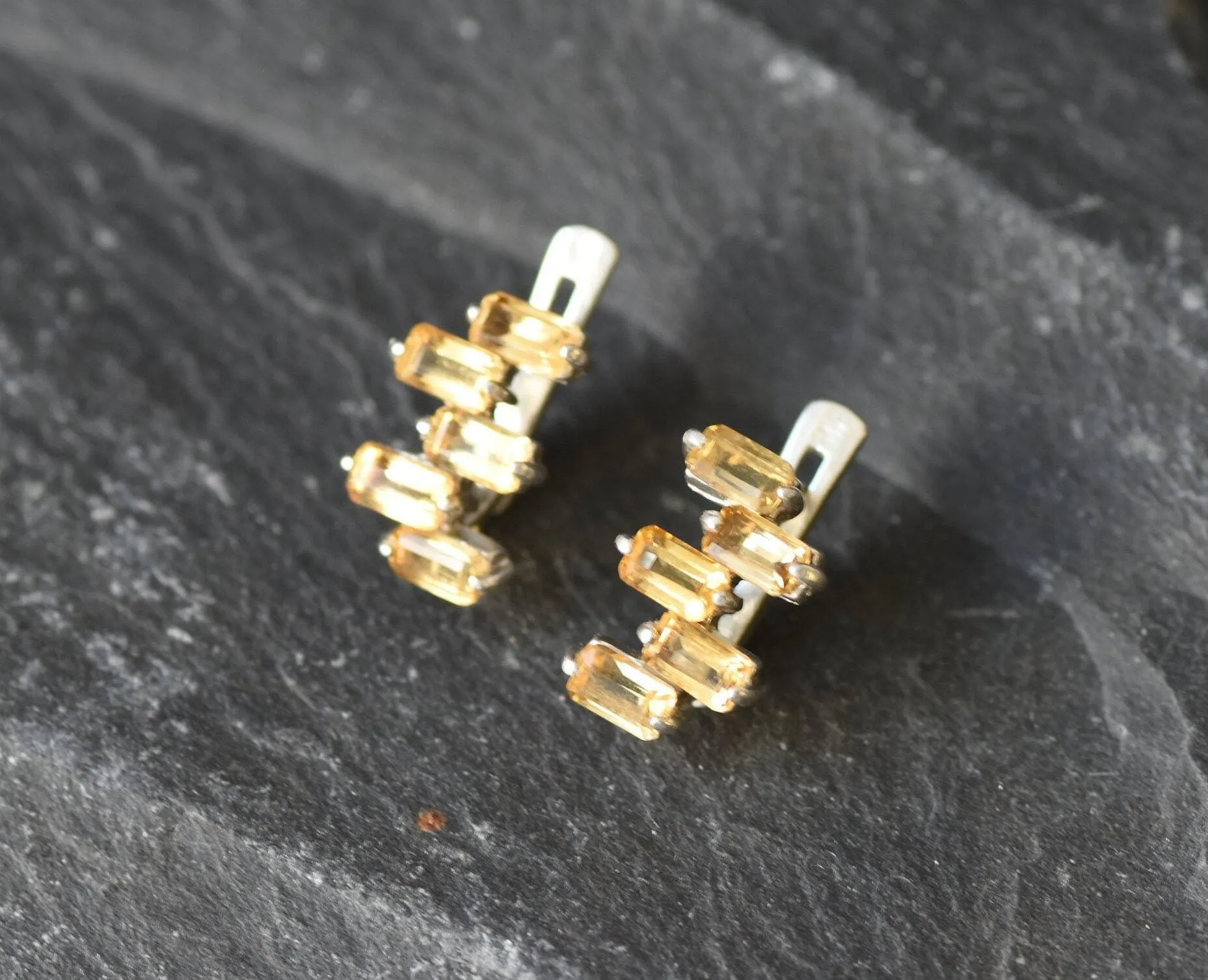 Yellow Baguette Earrings - Natural Citrine Earrings, Staggered Baguette Earrings