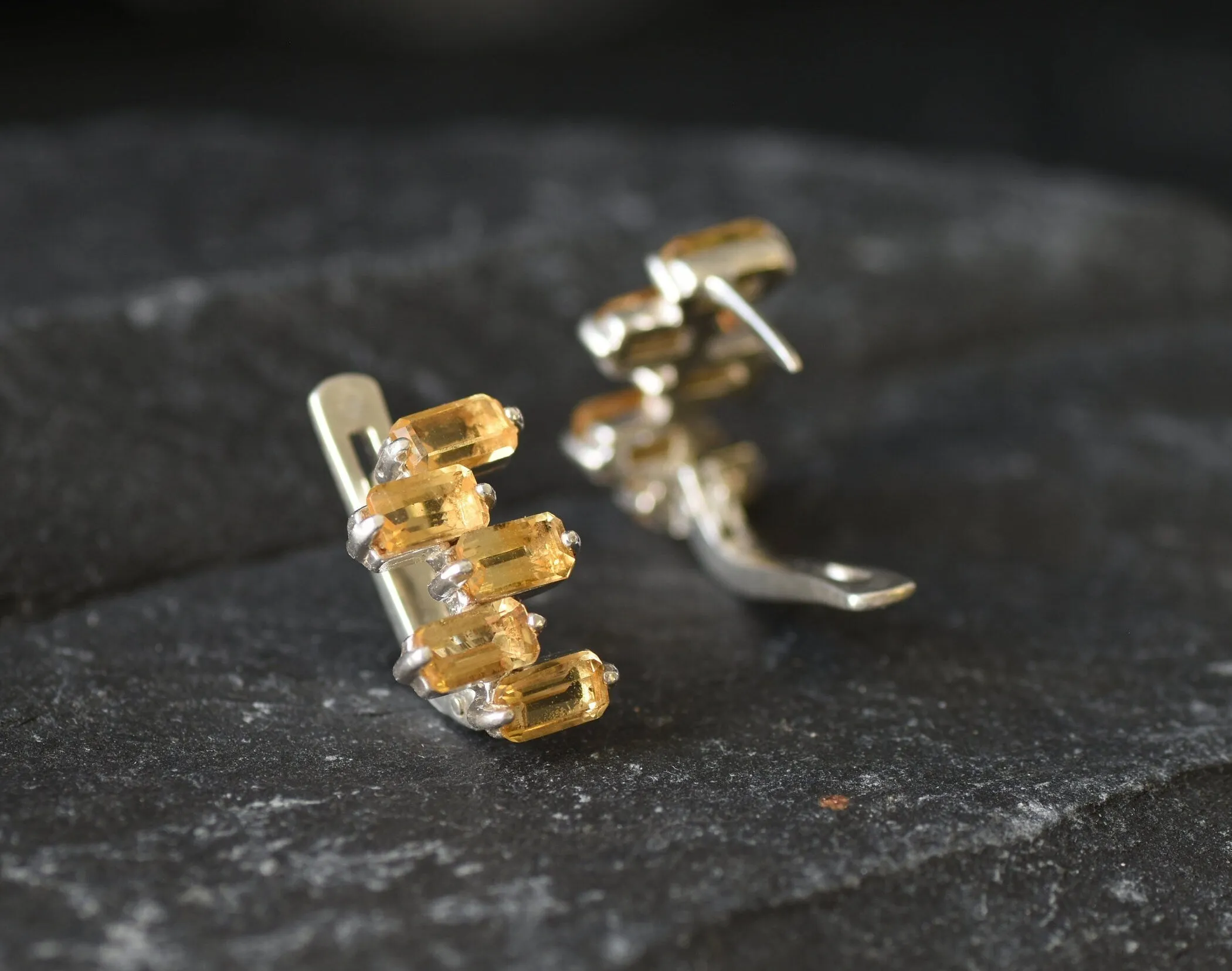 Yellow Baguette Earrings - Natural Citrine Earrings, Staggered Baguette Earrings