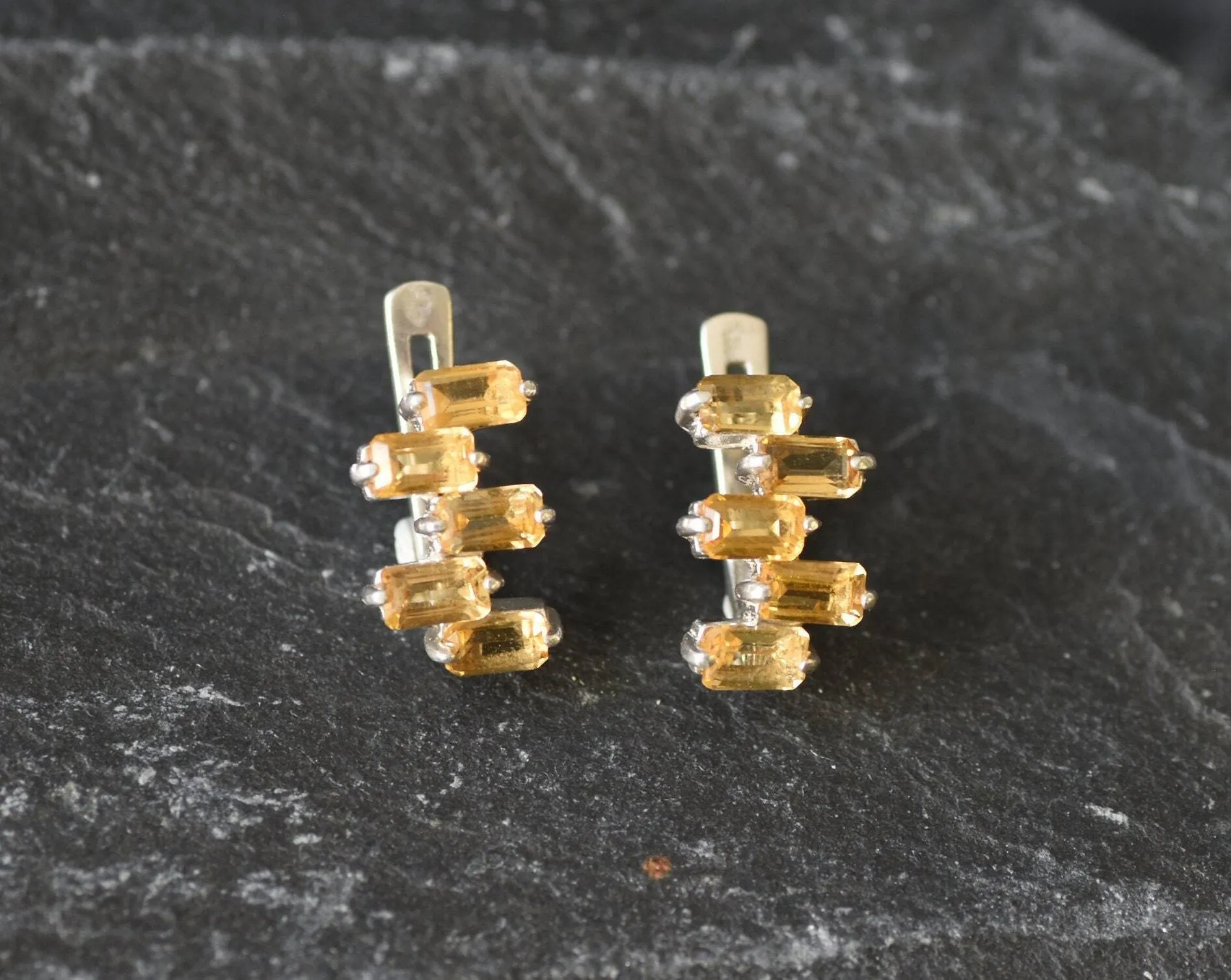Yellow Baguette Earrings - Natural Citrine Earrings, Staggered Baguette Earrings