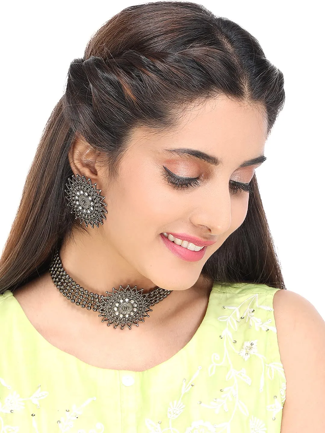 Yellow Chimes Classic German Silver Oxidised Jewellery Set Floral Crafted Traditional Choker Necklace Set for Women and Girls, medium (YCTJNS-02FLWROXD-SL)