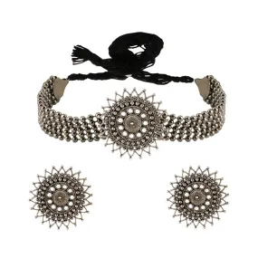 Yellow Chimes Classic German Silver Oxidised Jewellery Set Floral Crafted Traditional Choker Necklace Set for Women and Girls, medium (YCTJNS-02FLWROXD-SL)