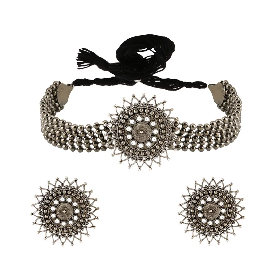 Yellow Chimes Classic German Silver Oxidised Jewellery Set Floral Crafted Traditional Choker Necklace Set for Women and Girls, medium (YCTJNS-02FLWROXD-SL)