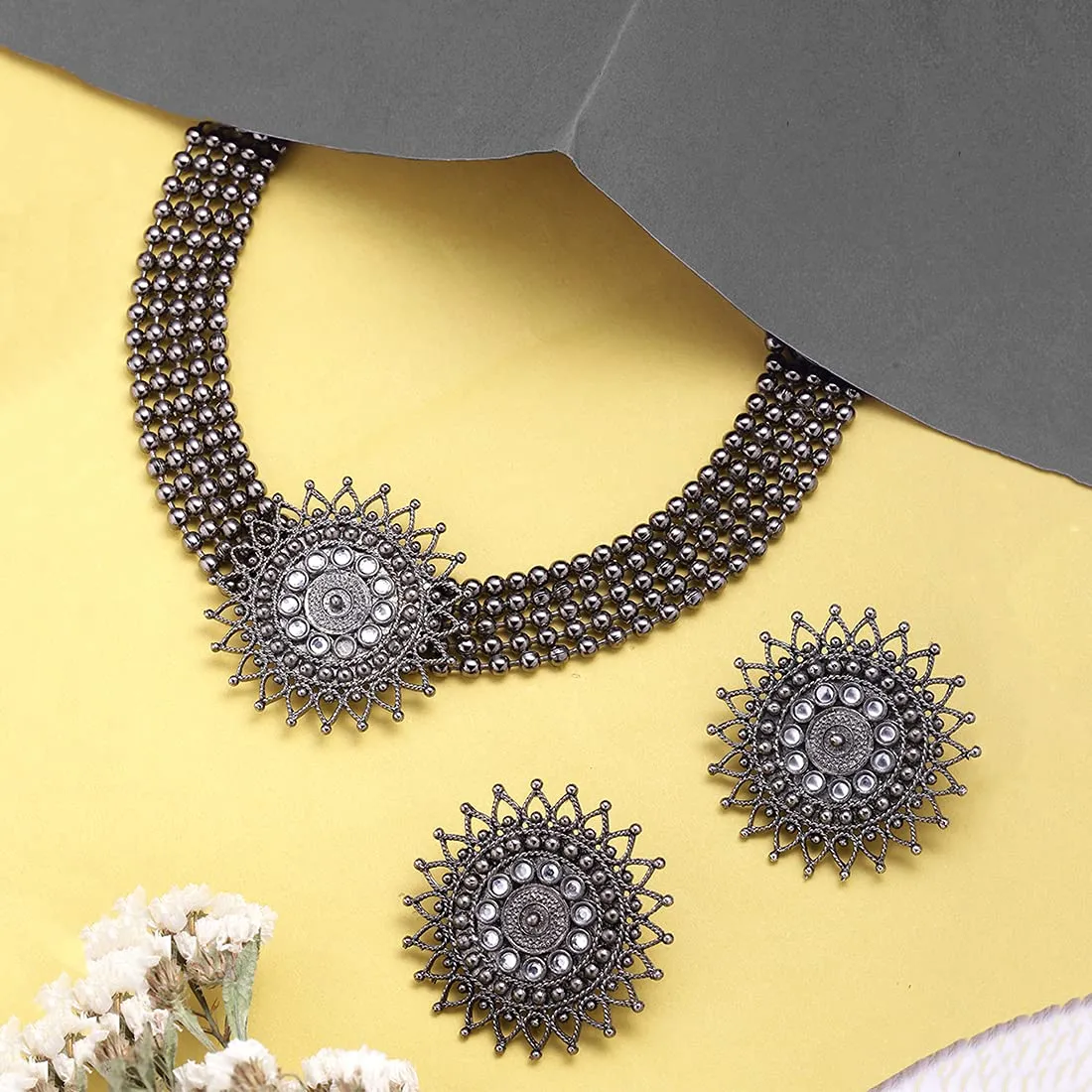 Yellow Chimes Classic German Silver Oxidised Jewellery Set Floral Crafted Traditional Choker Necklace Set for Women and Girls, medium (YCTJNS-02FLWROXD-SL)
