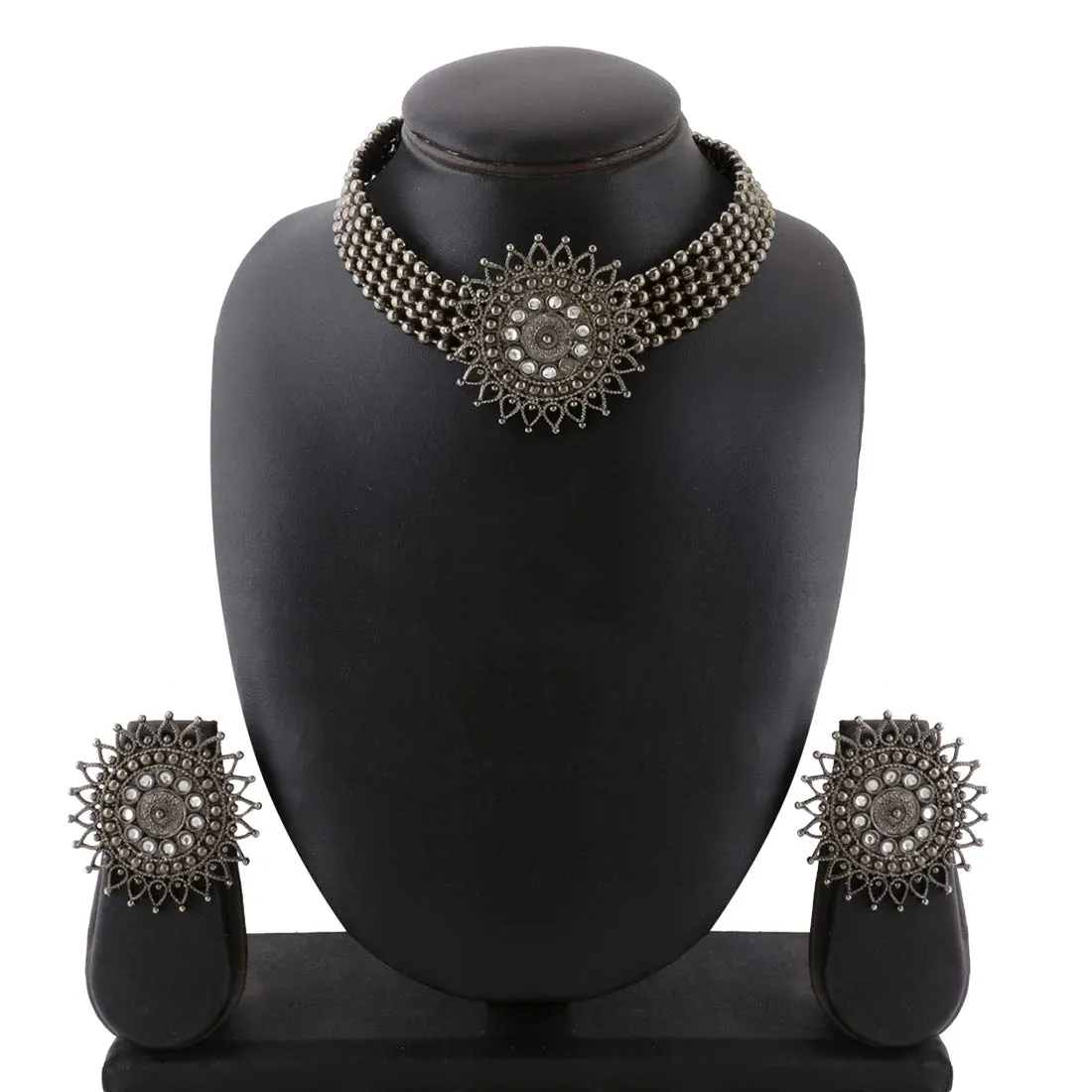 Yellow Chimes Classic German Silver Oxidised Jewellery Set Floral Crafted Traditional Choker Necklace Set for Women and Girls, medium (YCTJNS-02FLWROXD-SL)