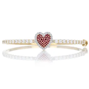 Yellow Gold Pave Ruby & Diamond Heart Hinged Bangle Bracelet